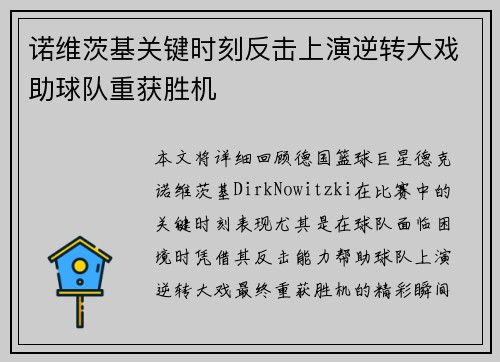 诺维茨基关键时刻反击上演逆转大戏助球队重获胜机