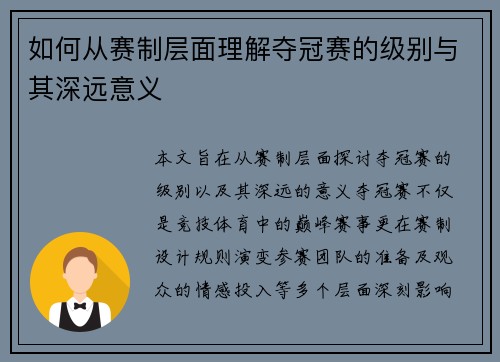 如何从赛制层面理解夺冠赛的级别与其深远意义