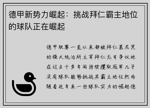 德甲新势力崛起：挑战拜仁霸主地位的球队正在崛起