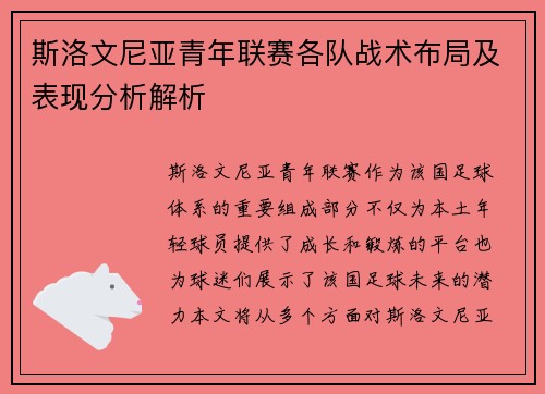 斯洛文尼亚青年联赛各队战术布局及表现分析解析