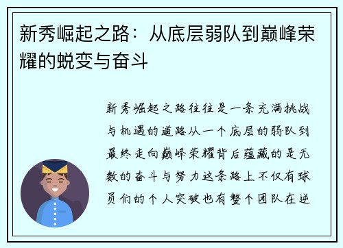 新秀崛起之路：从底层弱队到巅峰荣耀的蜕变与奋斗