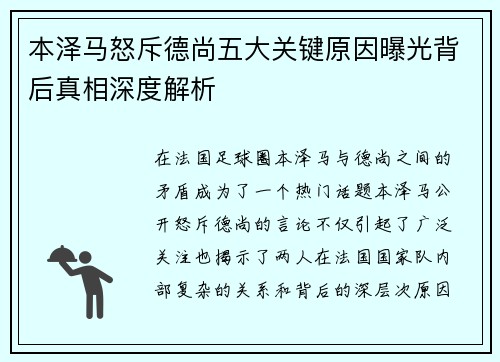 本泽马怒斥德尚五大关键原因曝光背后真相深度解析