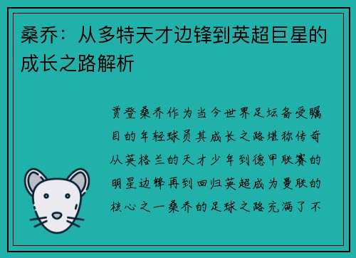 桑乔：从多特天才边锋到英超巨星的成长之路解析
